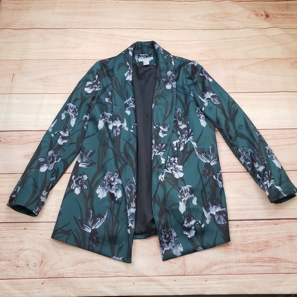 HM Jacket Womens 8 Green Floral Open Front Shawl Collar Longline Blazer Coat